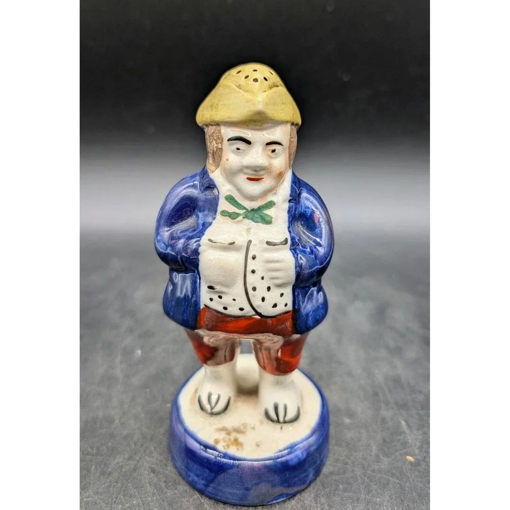 Vintage Staffordshire Salt Sugar Shaker Blue Coat Gentleman Figurine Glazed 4